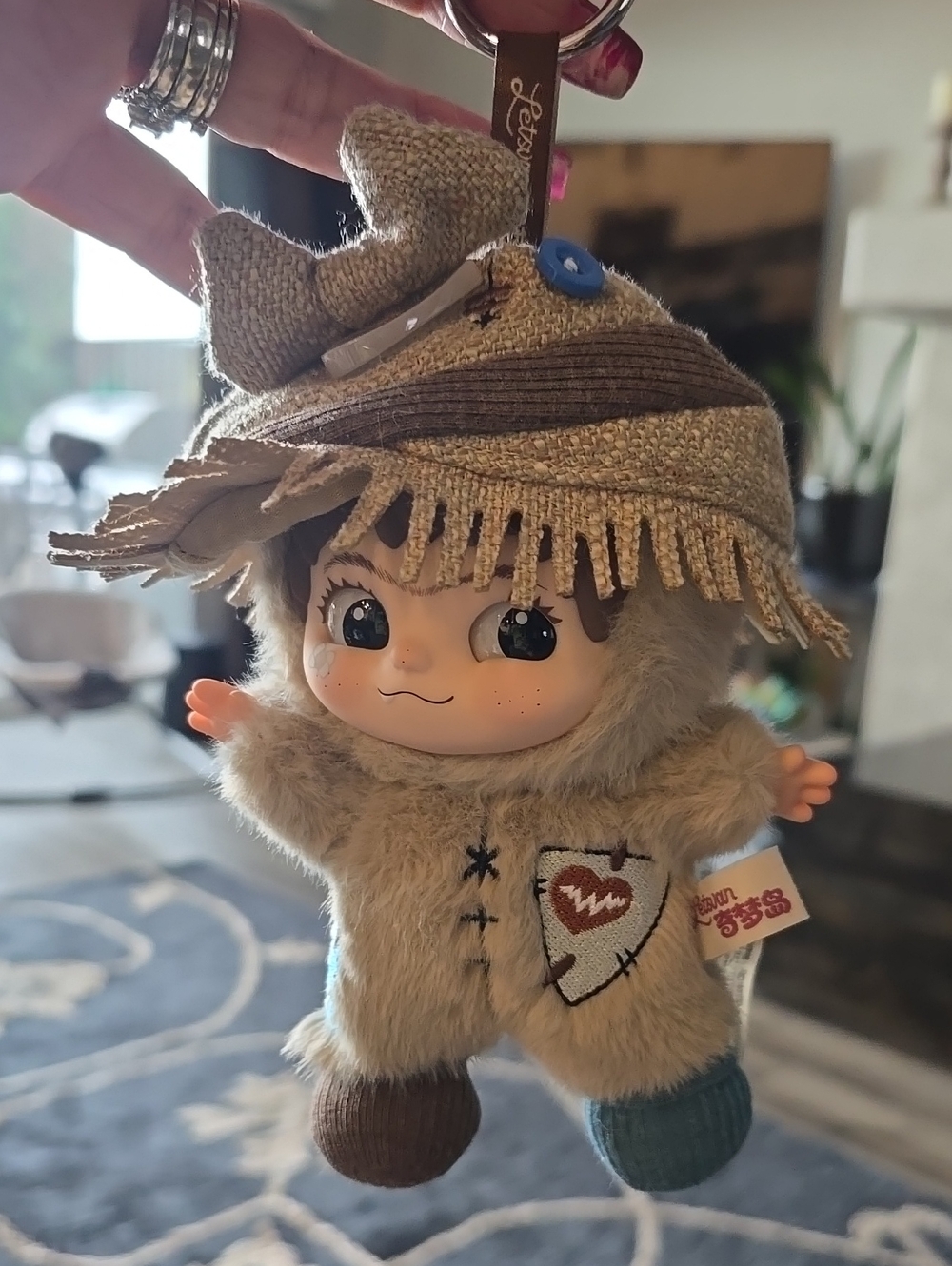 Wakuku Doll Keychain in Beige Fur with Brown Hat & Teal Foot